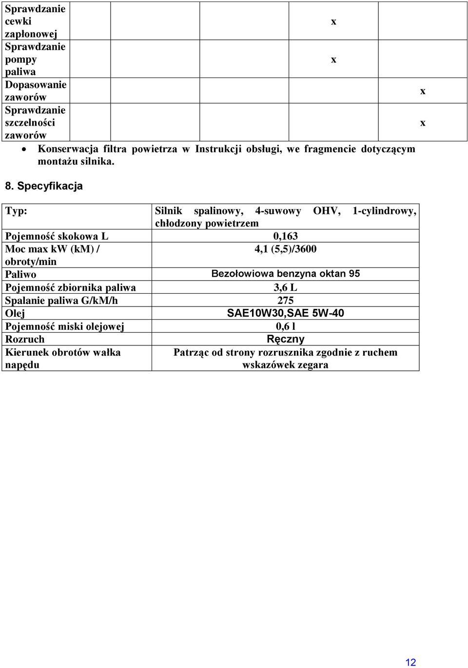 Specyfikacja Typ: Silnik spalinowy, 4-suwowy OHV, 1-cylindrowy, chłodzony powietrzem Pojemność skokowa L 0,163 Moc ma kw (km) / 4,1 (5,5)/3600