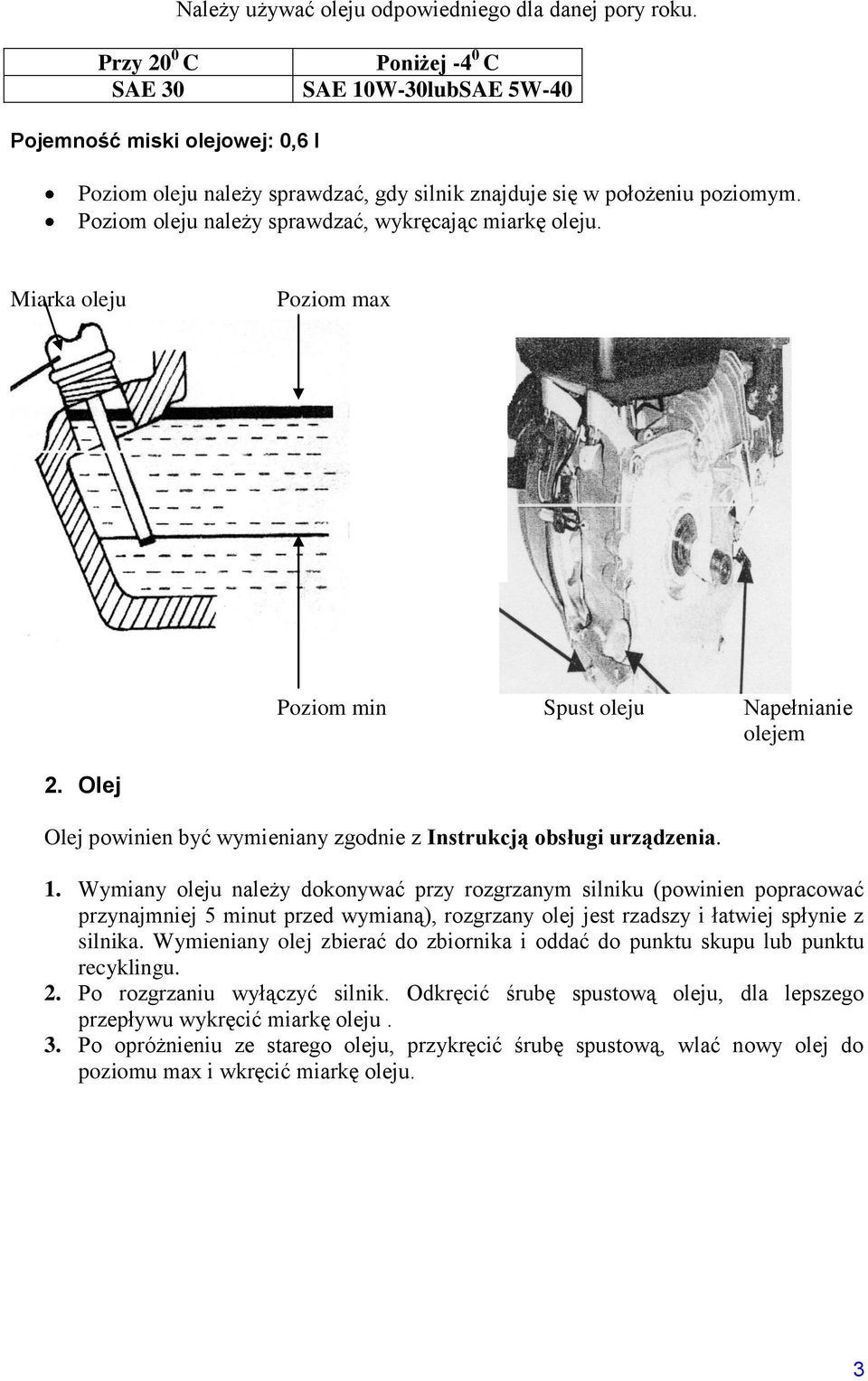 Poziom oleju należy sprawdzać, wykręcając miarkę oleju. Miarka oleju Poziom ma Poziom min Spust oleju Napełnianie olejem 2. Olej Olej powinien być wymieniany zgodnie z Instrukcją obsługi urządzenia.