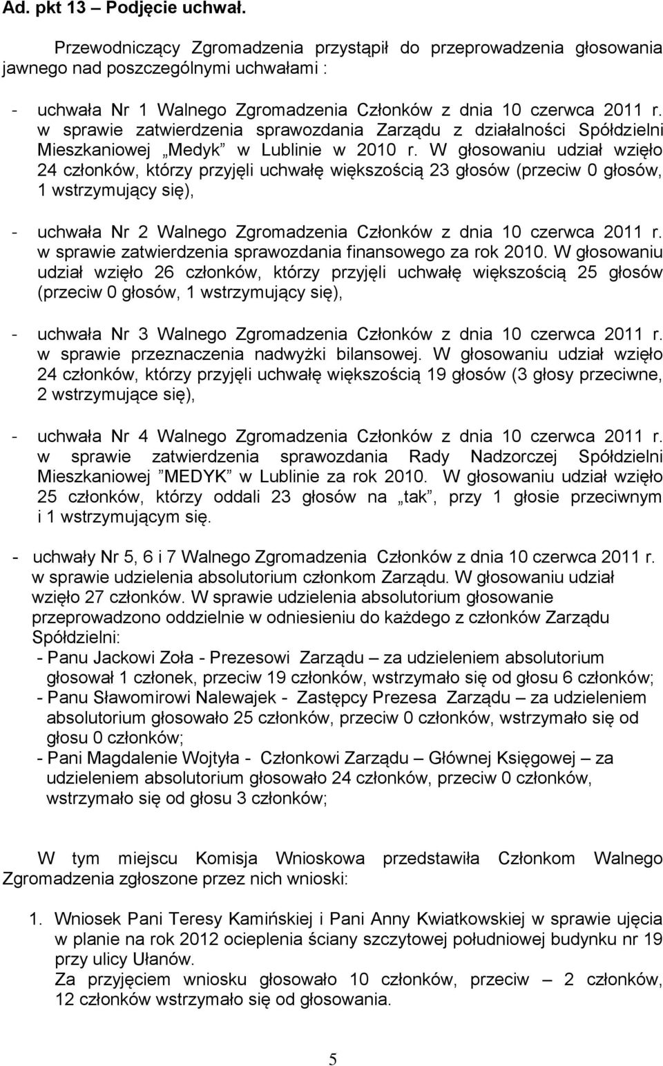 w sprawie zatwierdzenia sprawozdania Zarządu z działalności Spółdzielni Mieszkaniowej Medyk w Lublinie w 2010 r.