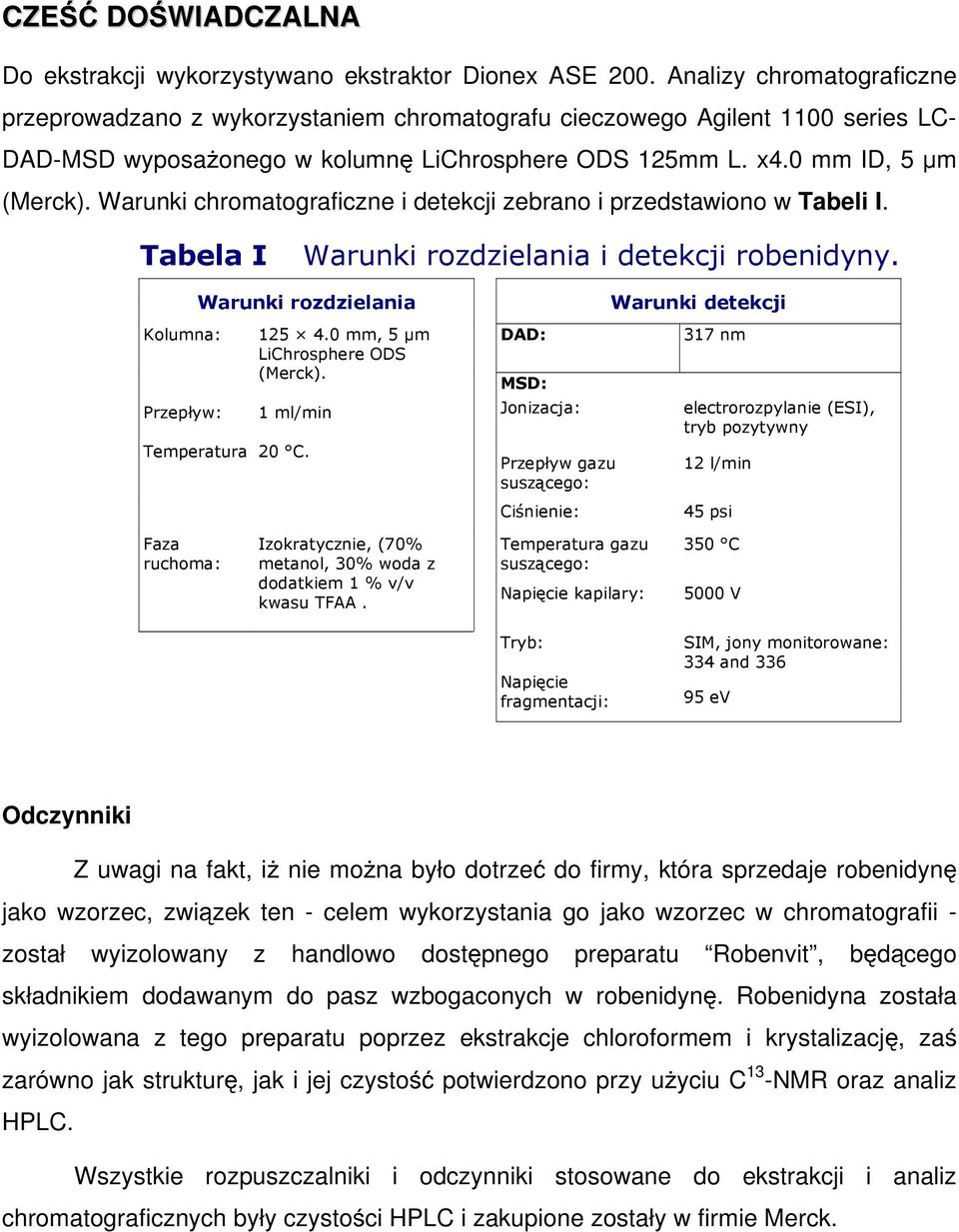 Warunki chromatograficzne i detekcji zebrano i przedstawiono w Tabeli I. Tabela I Warunki rozdzielania i detekcji robenidyny. Temperatura 2 C.