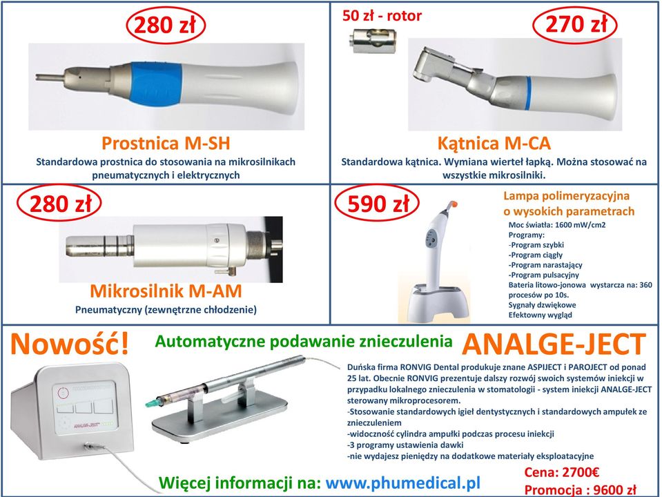 590 zł Lampa polimeryzacyjna o wysokich parametrach Moc światła: 1600 mw/cm2 Programy: -Program szybki -Program ciągły -Program narastający -Program pulsacyjny Bateria litowo-jonowa wystarcza na: 360