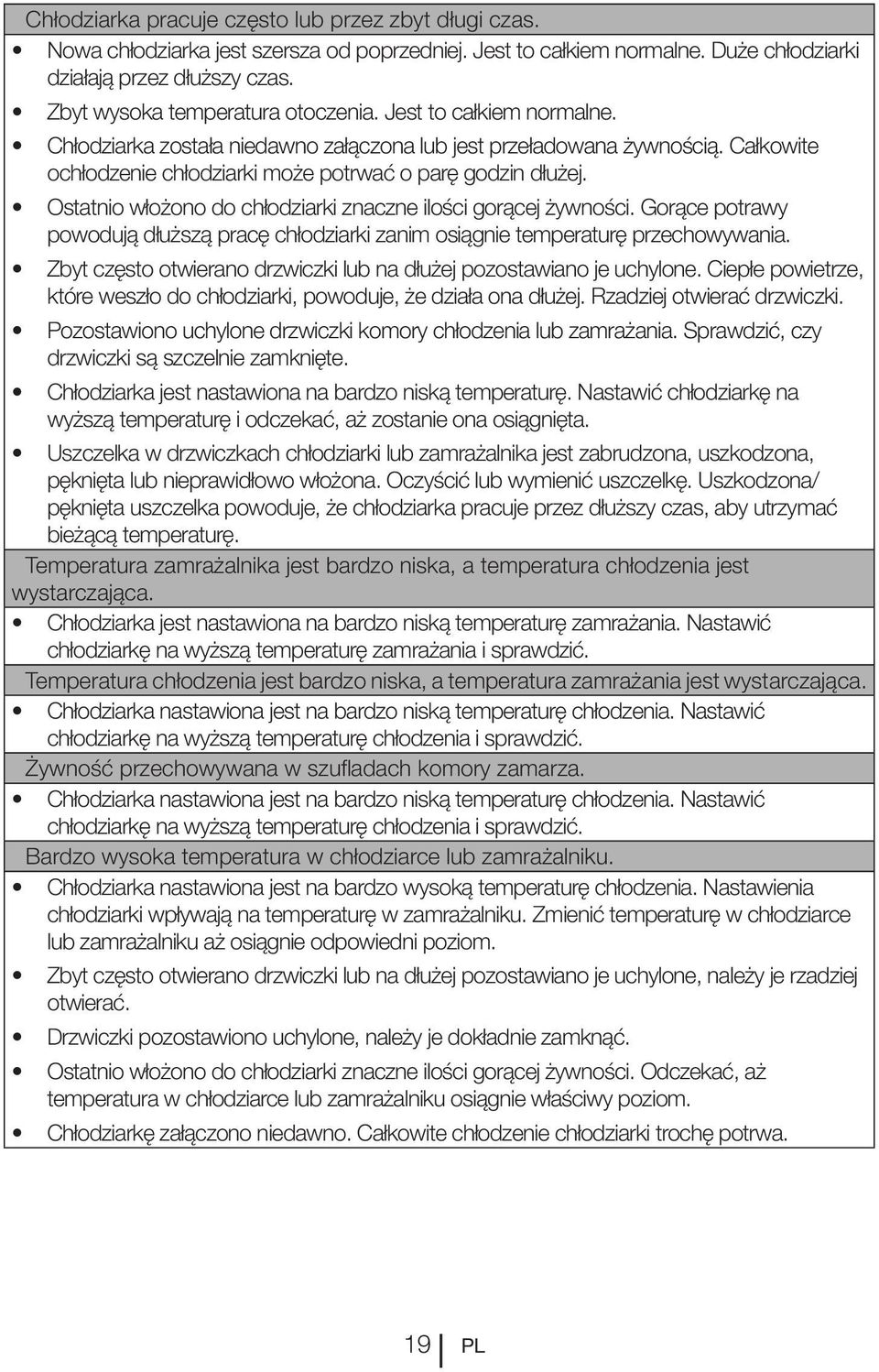 Całkowite ochłodzenie chłodziarki może potrwać o parę godzin dłużej. Ostatnio włożono do chłodziarki znaczne ilości gorącej żywności.