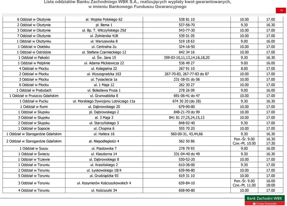 Stefana Czarnieckiego 12 642 34 16 10.00 17.00 1 Oddział w Pakości ul. Św. Jana 15 359-03-10,11,13,14,16,18,20 9.30 16.30 1 Oddział w Pelplinie ul. Adama Mickiewicza 22 536 49 27 9.00 16.