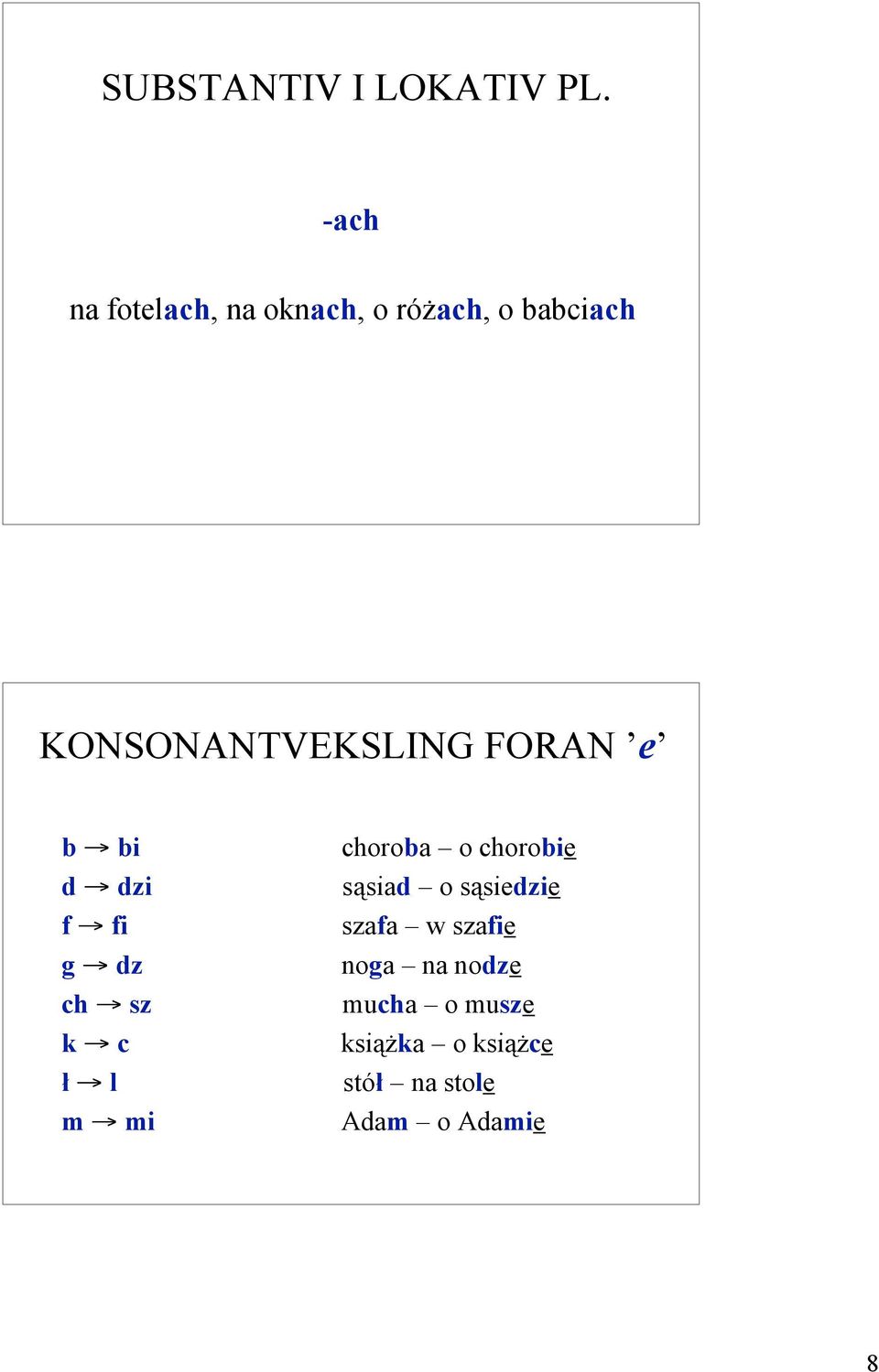 KONSONANTVEKSLING FORAN e b bi choroba o chorobie d dzi sąsiad o