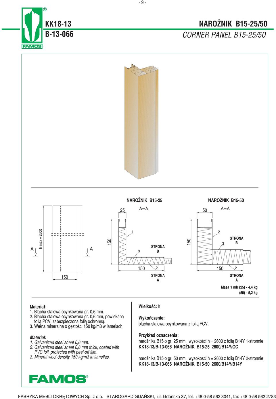 Galvanized steel sheet 0,6.. Galvanized steel sheet 0,6 thick, coated with PVC foil, protected with peel-off fil.. Mineral wool density 1 kg/ in laellas.