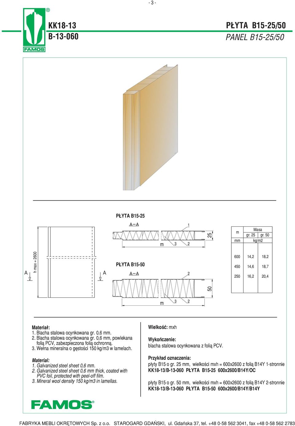 . Galvanized steel sheet 0,6 thick, coated with PVC foil, protected with peel-off fil.. Mineral wool density 1 kg/ in laellas. Wielkoœæ: xh Wykoñczenie: blacha stalowa ocynkowana z foli¹ PCV.