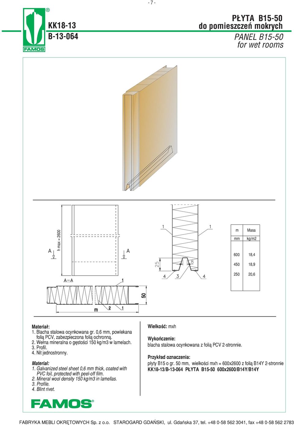 Galvanized steel sheet 0,6 thick, coated with PVC foil, protected with peel-off fil.. Mineral wool density 1 kg/ in laellas.. Profile. 4. Blint rivet.