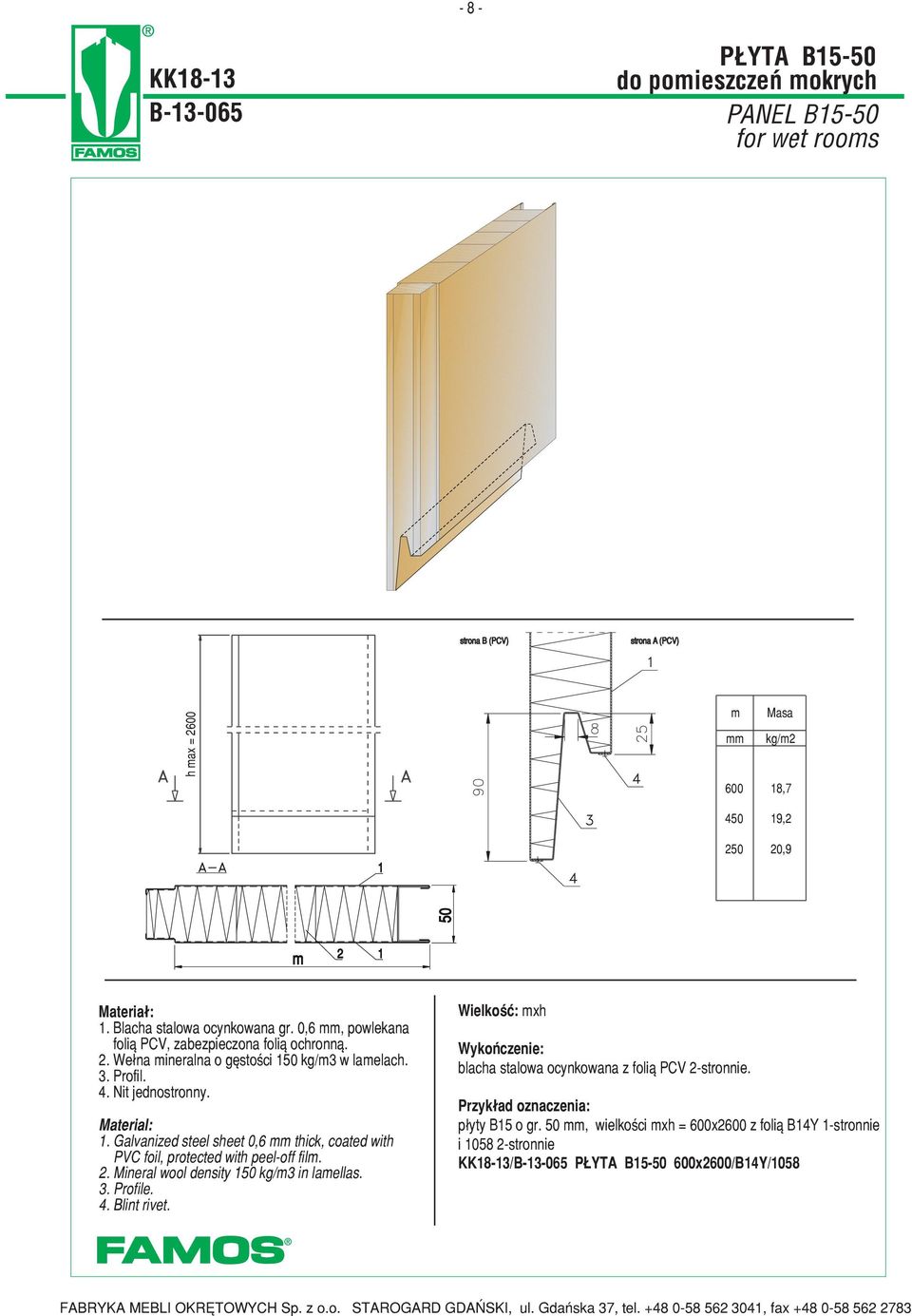 Galvanized steel sheet 0,6 thick, coated with PVC foil, protected with peel-off fil.. Mineral wool density 1 kg/ in laellas.. Profile. 4. Blint rivet.