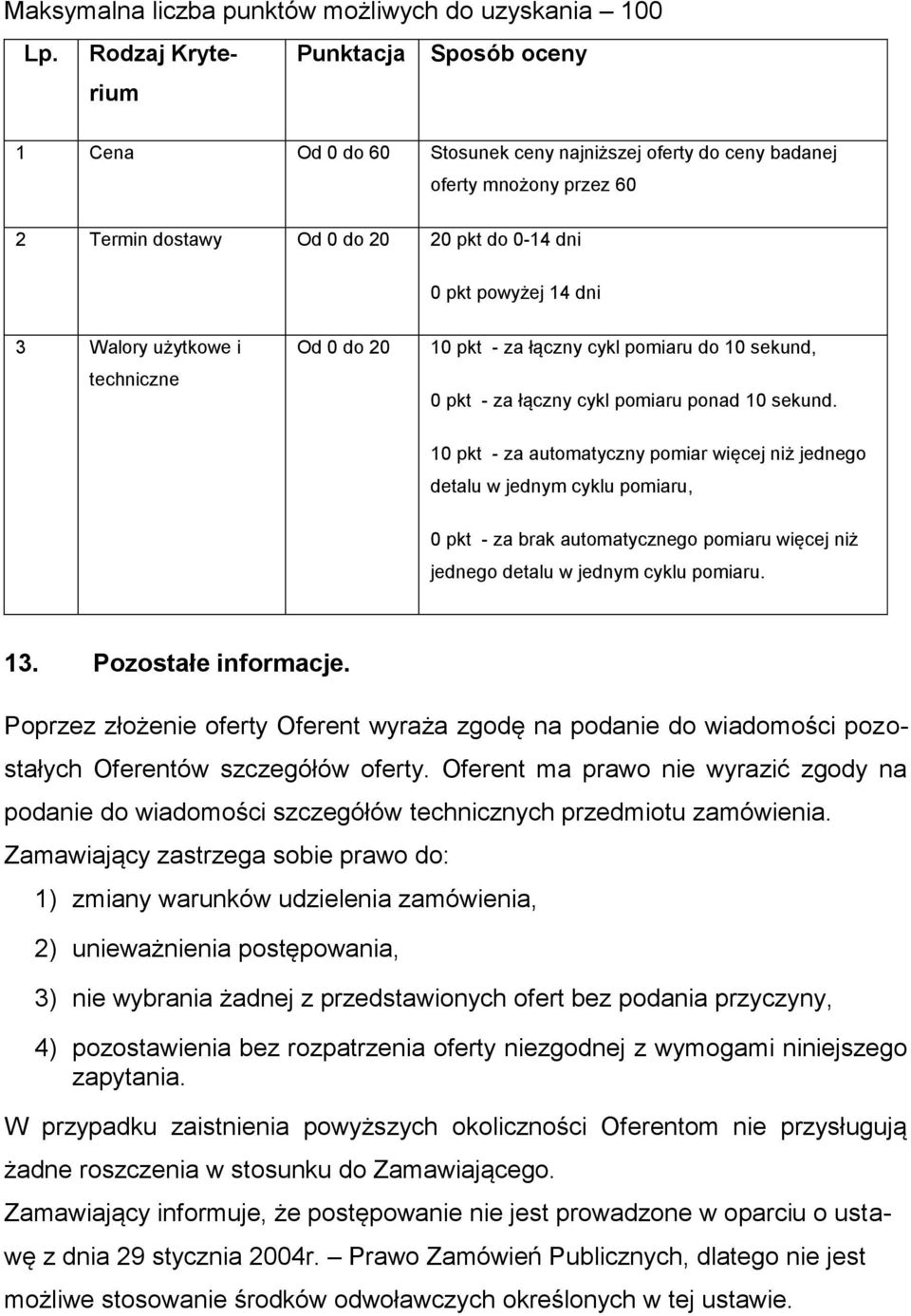 Walory użytkowe i techniczne Od 0 do 20 10 pkt - za łączny cykl pomiaru do 10 sekund, 0 pkt - za łączny cykl pomiaru ponad 10 sekund.