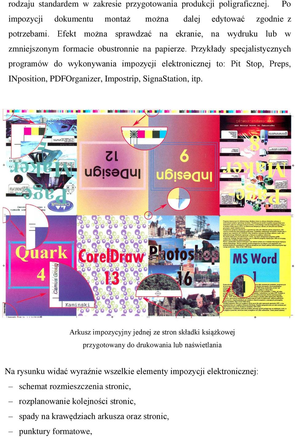 Przykłady specjalistycznych programów do wykonywania impozycji elektronicznej to: Pit Stop, Preps, INposition, PDFOrganizer, Impostrip, SignaStation, itp.