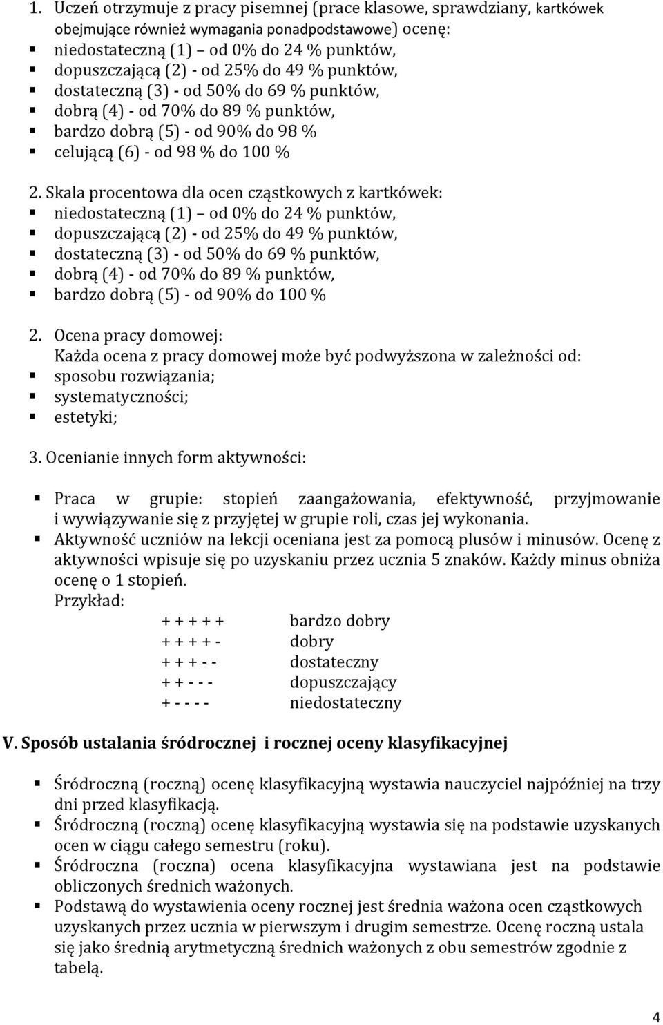 Skala procentowa dla ocen cząstkowych z kartkówek: niestateczną (1) od 0% 24 % punktów, puszczającą (2) - od 25% 49 % punktów, stateczną (3) - od 50% 69 % punktów, brą (4) - od 70% 89 % punktów,