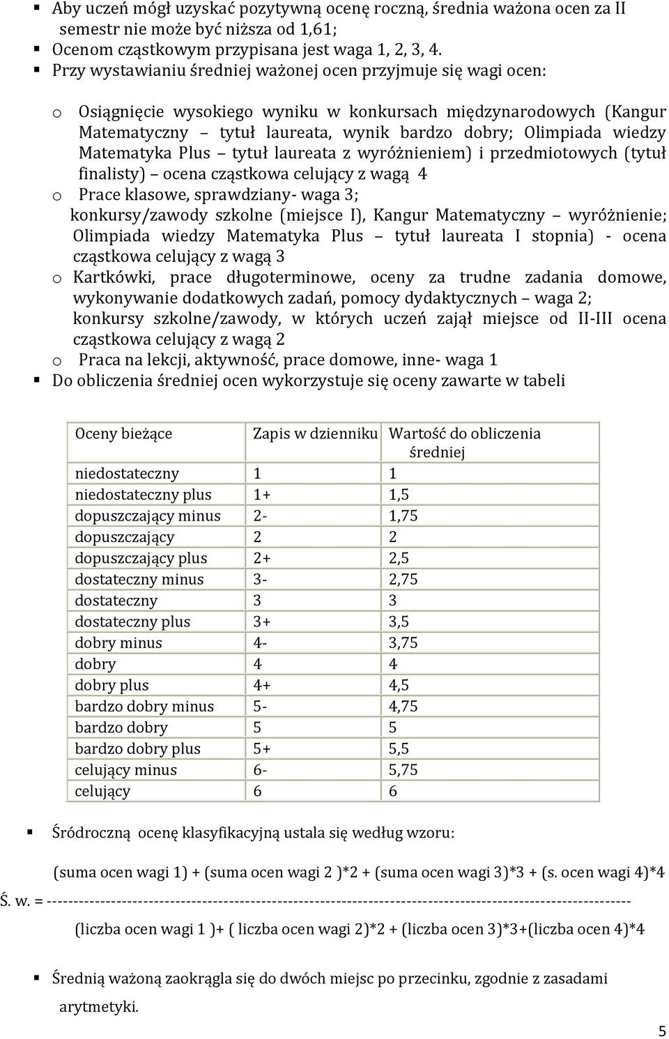 Matematyka Plus tytuł laureata z wyróżnieniem) i przedmiotowych (tytuł finalisty) ocena cząstkowa celujący z wagą 4 o Prace klasowe, sprawdziany- waga 3; konkursy/zawody szkolne (miejsce I), Kangur