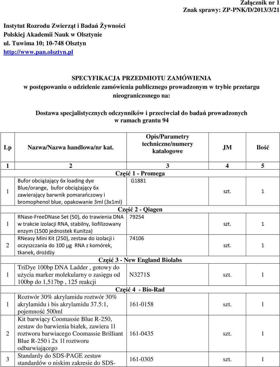 badań prowadzonych w ramach grantu 94 Lp Nazwa/Nazwa handlowa/nr kat.