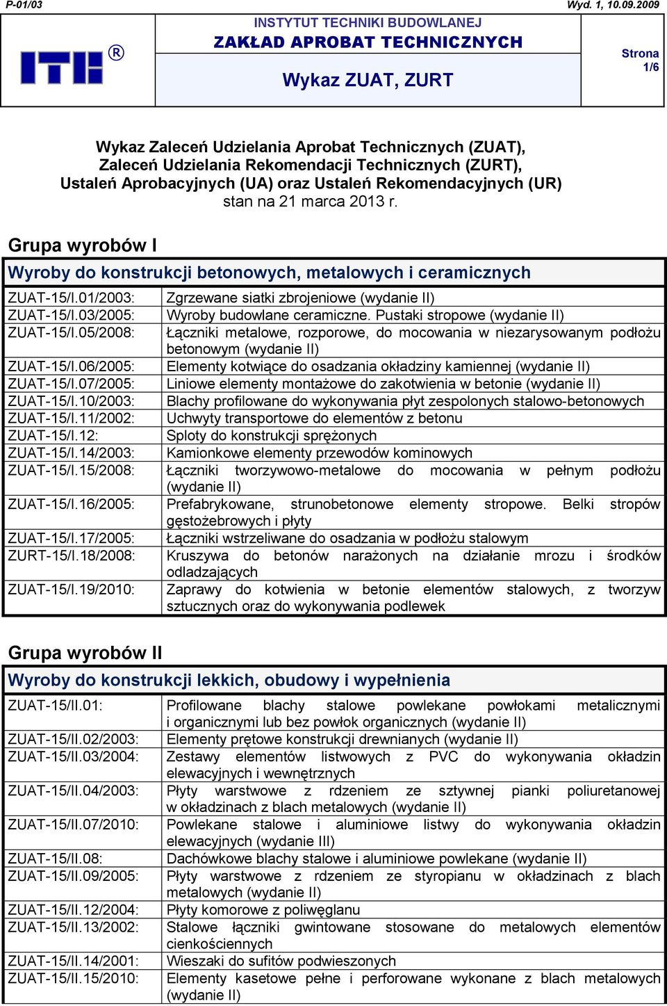 05/2008: Łączniki metalowe, rozporowe, do mocowania w niezarysowanym podłożu betonowym ZUAT-15/I.06/2005: Elementy kotwiące do osadzania okładziny kamiennej ZUAT-15/I.