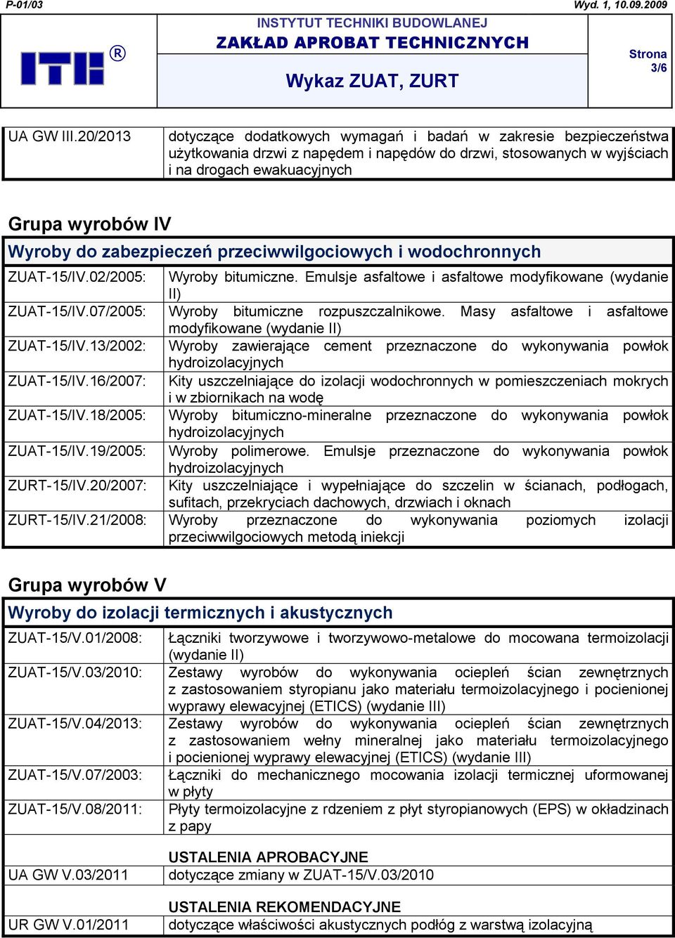 zabezpieczeń przeciwwilgociowych i wodochronnych ZUAT-15/IV.02/2005: Wyroby bitumiczne. Emulsje asfaltowe i asfaltowe modyfikowane (wydanie II) ZUAT-15/IV.07/2005: Wyroby bitumiczne rozpuszczalnikowe.