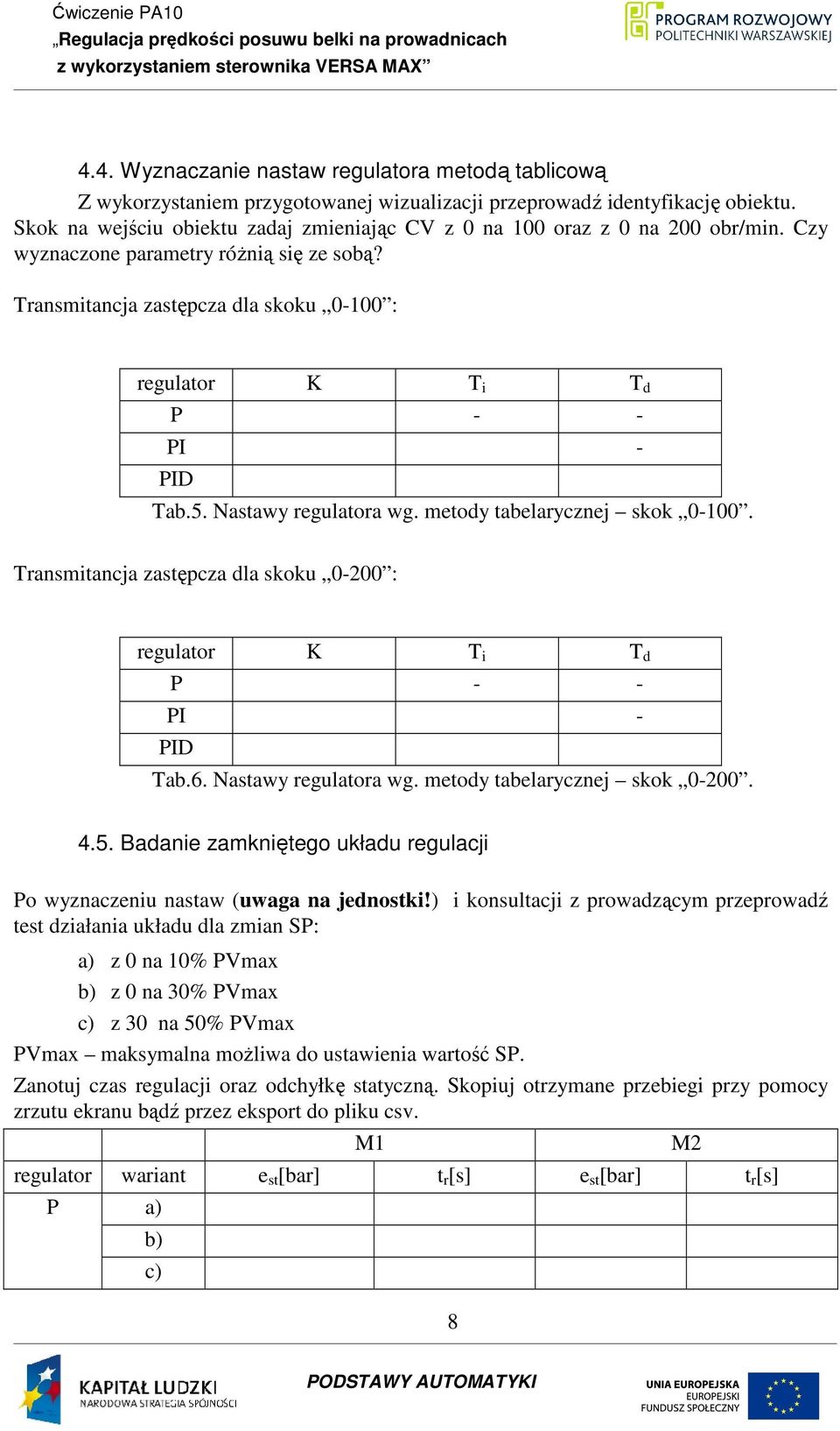 Transmitancja zastępcza dla skoku 0-100 : regulator K T i T d P - - PI - PID Tab.5. Nastawy regulatora wg. metody tabelarycznej skok 0-100.