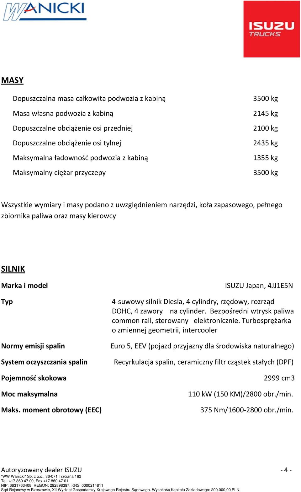 SILNIK Marka i model Typ Normy emisji spalin System oczyszczania spalin Pojemność skokowa Moc maksymalna Maks.