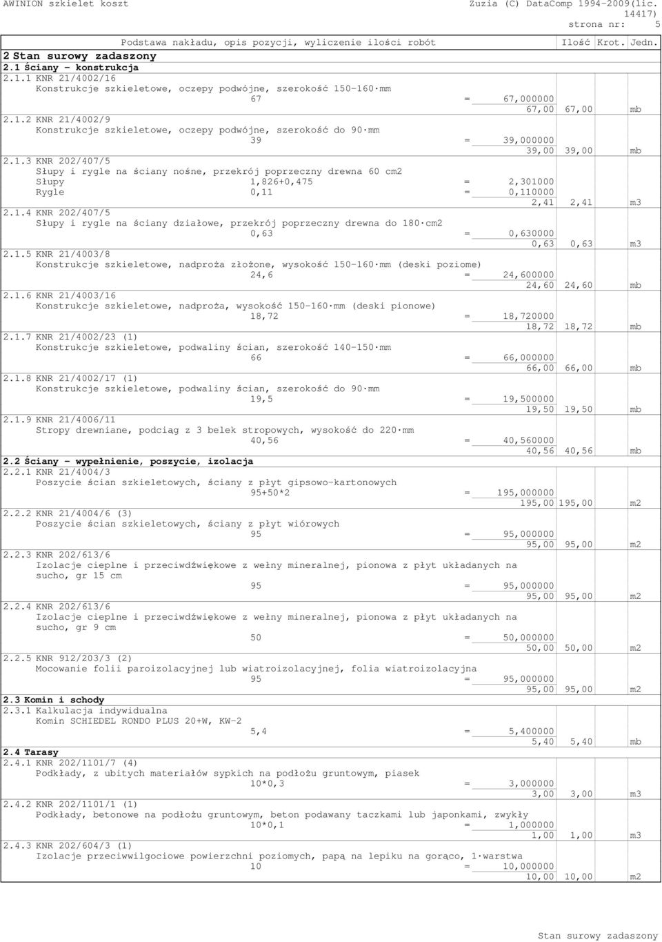 1.3 KNR 202/407/5 Słupy i rygle na ściany nośne, przekrój poprzeczny drewna 60 cm2 Słupy 1,826+0,475 = 2,301000 Rygle 0,11 = 0,110000 2,41 2,41 m3 2.1.4 KNR 202/407/5 Słupy i rygle na ściany działowe, przekrój poprzeczny drewna do 180 cm2 0,63 = 0,630000 0,63 0,63 m3 2.