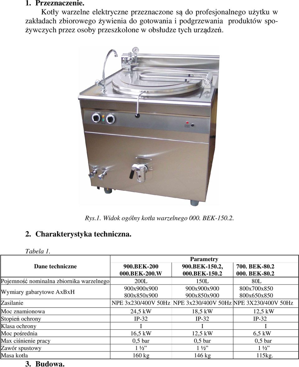 urządzeń. 2. Charakterystyka techniczna. Rys.1. Widok ogólny kotła warzelnego 000. BEK-150.2. Tabela 1. Parametry Dane techniczne 900.BEK-200 000.BEK-200.W 900.BEK-150.2, 000.BEK-150.2 700. BEK-80.