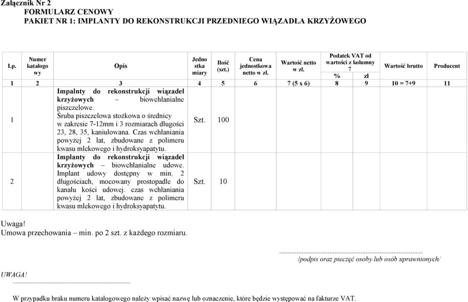 Czas wchłaniania powyżej 2 lat, zbudowane z polimeru kwasu mlekowego i hydroksyapatytu. Szt. 00 2 Implanty do rekonstrukcji wiązadeł krzyżowych biowchłanialne udowe.