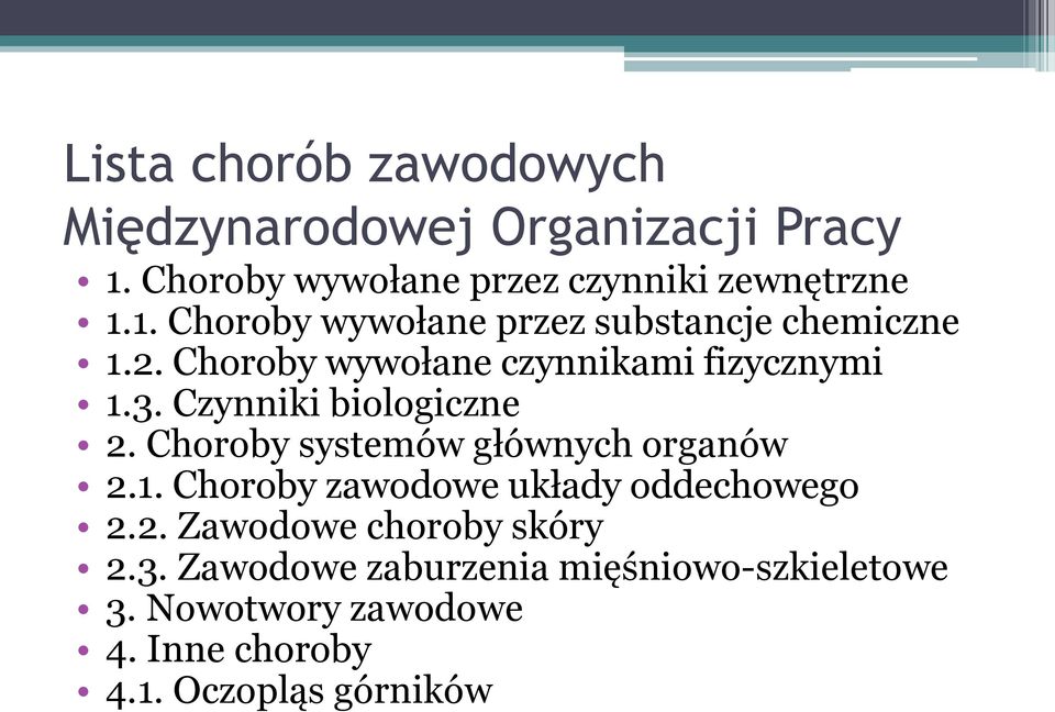 2. Zawodowe choroby skóry 2.3. Zawodowe zaburzenia mięśniowo-szkieletowe 3. Nowotwory zawodowe 4.