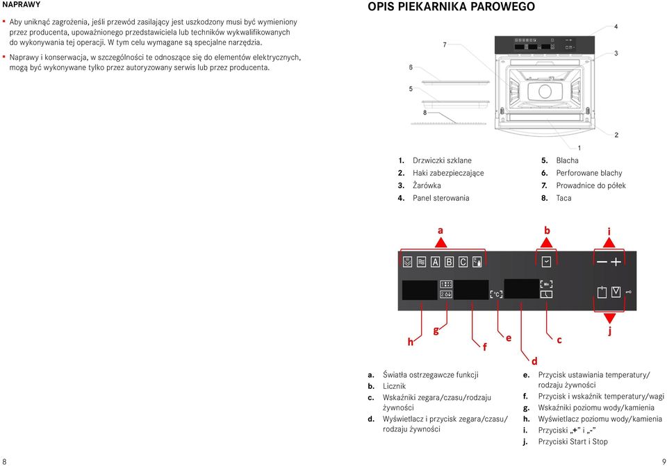 Naprawy i konserwacja, w szczególności te odnoszące się do elementów elektrycznych, mogą być wykonywane tylko przez autoryzowany serwis lub przez producenta. OPIS PIEKARNIKA PAROWEGO 1.