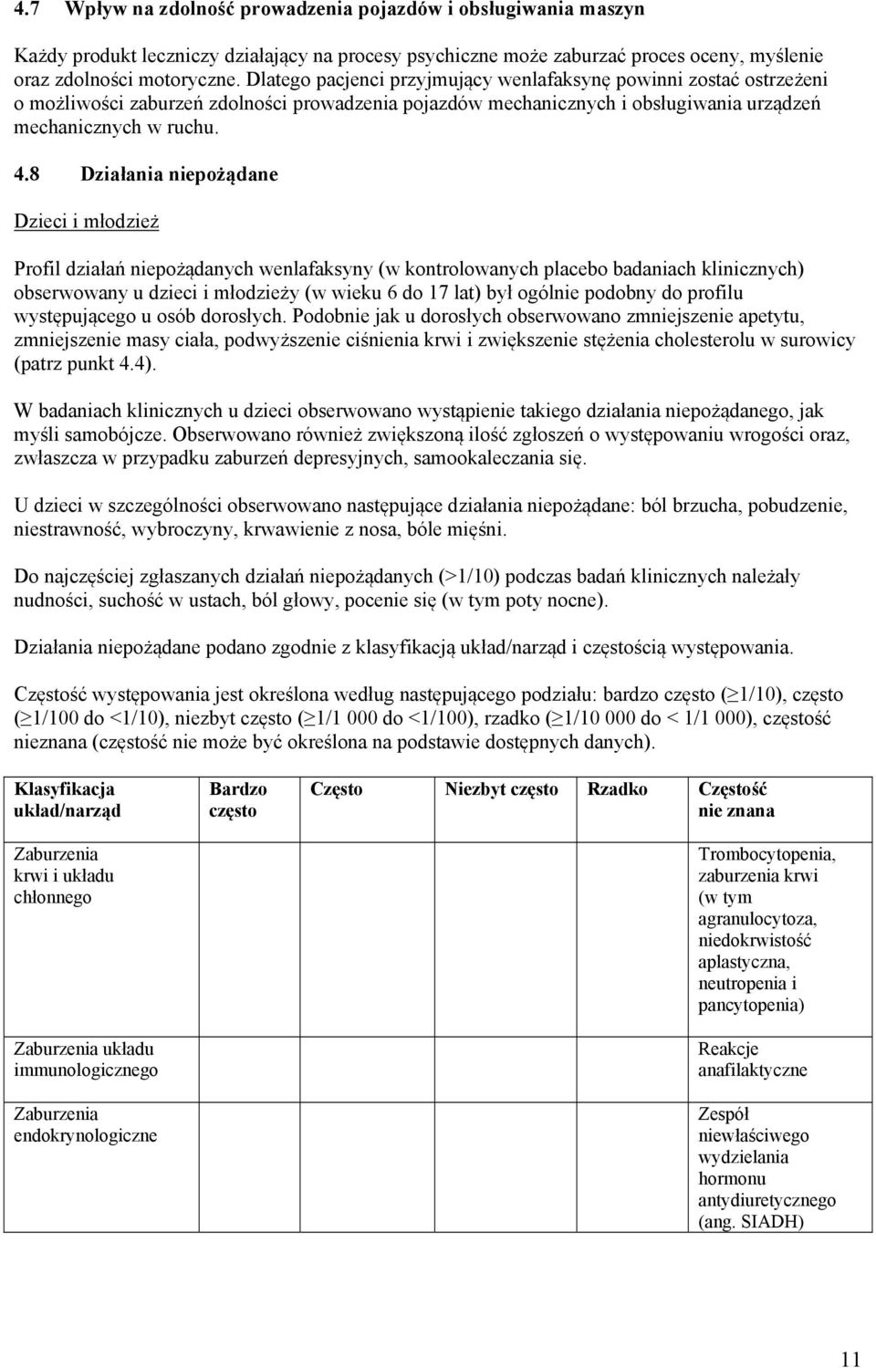 8 Działania niepożądane Dzieci i młodzież Profil działań niepożądanych wenlafaksyny (w kontrolowanych placebo badaniach klinicznych) obserwowany u dzieci i młodzieży (w wieku 6 do 17 lat) był ogólnie