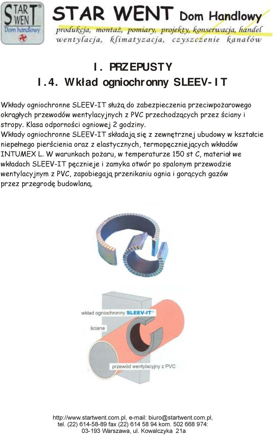 przechodzących przez ściany i stropy. Klasa odporności ogniowej 2 godziny.