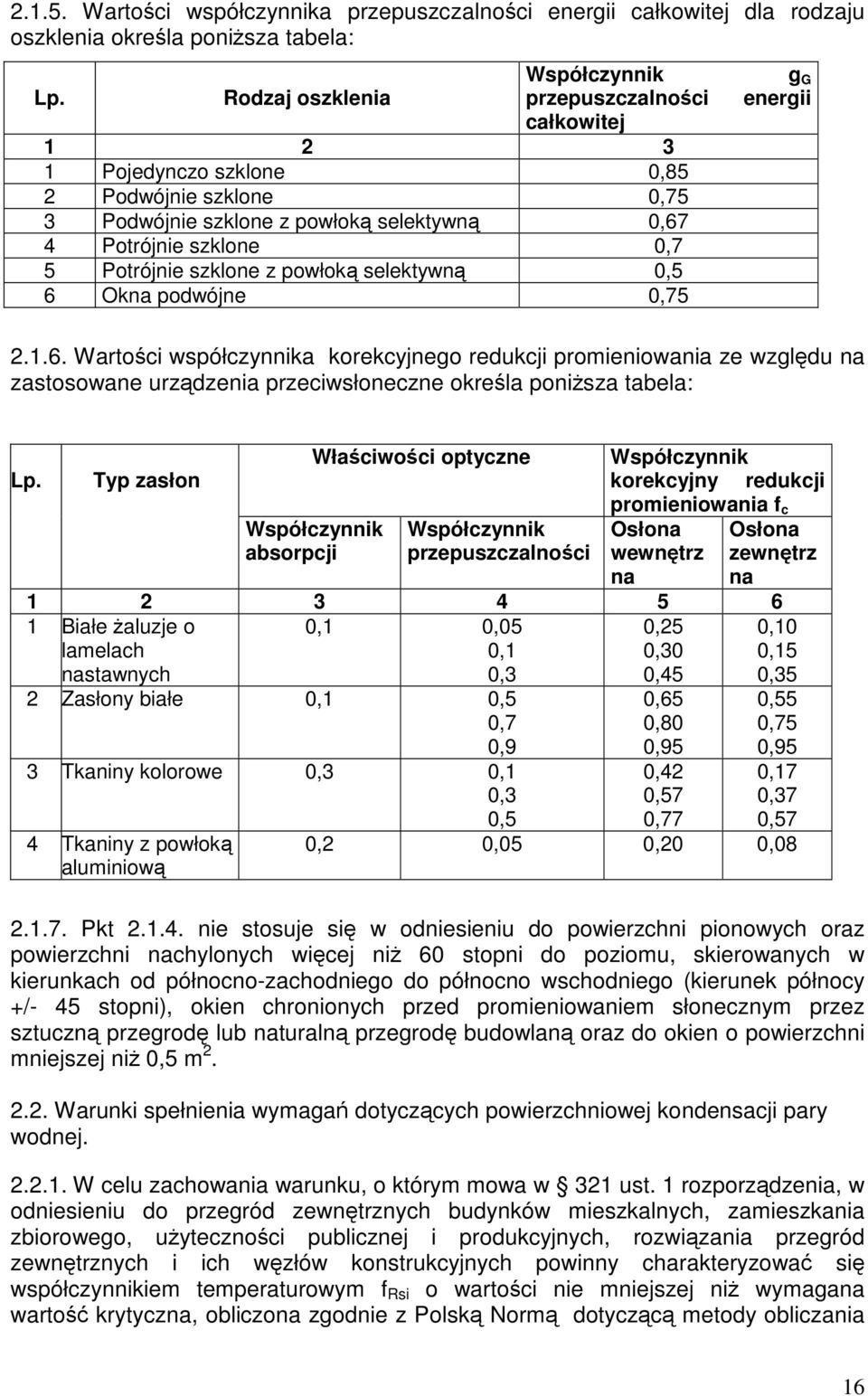 powłoką selektywną 0,5 6 Okna podwójne 0,75 g G energii 2.1.6. Wartości współczynnika korekcyjnego redukcji promieniowania ze względu na zastosowane urządzenia przeciwsłoneczne określa poniższa tabela: Lp.