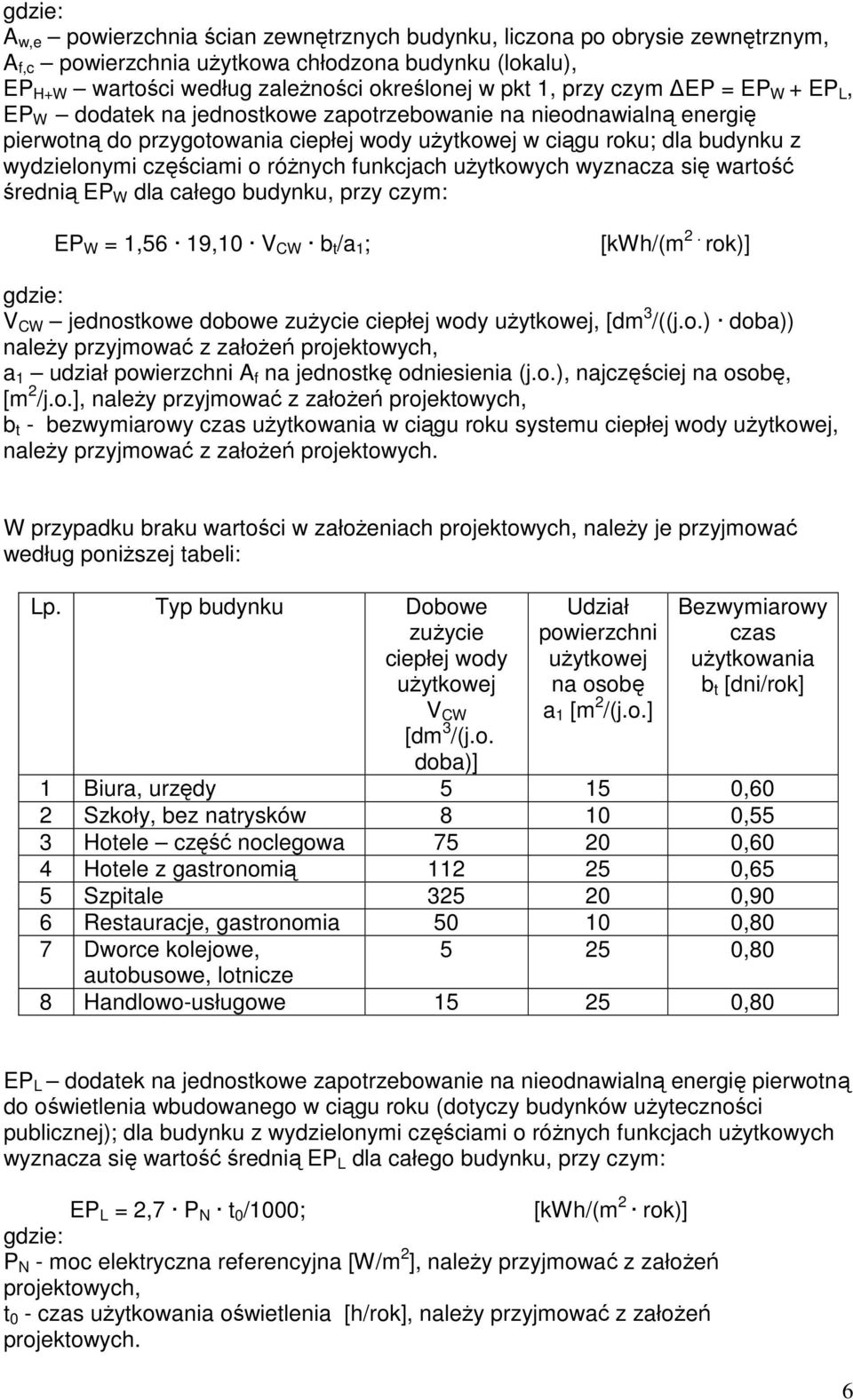 różnych funkcjach użytkowych wyznacza się wartość średnią EP W dla całego budynku, przy czym: EP W = 1,56 19,10 V CW b t /a 1 ; [kwh/(m 2.