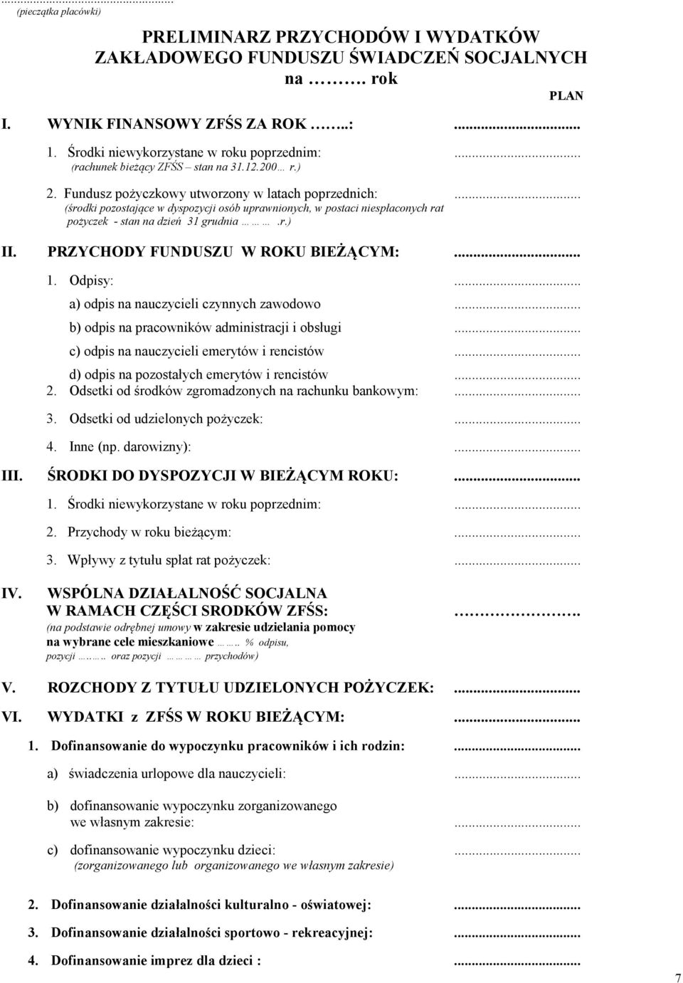 .. (środki pozostające w dyspozycji osób uprawnionych, w postaci niespłaconych rat pożyczek - stan na dzień 31 grudnia.r.) II. PRZYCHODY FU DUSZU W ROKU BIEŻĄCYM:... 1. Odpisy:.