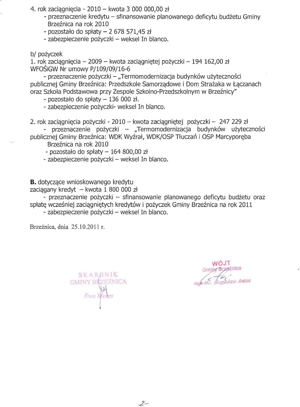 rok zaciągnięcia - 2009 - kwota zaciągniętej pożyczki - 194 162,00 zł WFOŚiGW Nr umowy Pj109j09j16-6 - przeznaczenie pożyczki - Termomodernizacja budynków użyteczności publicznej Gminy Brzeźnica: