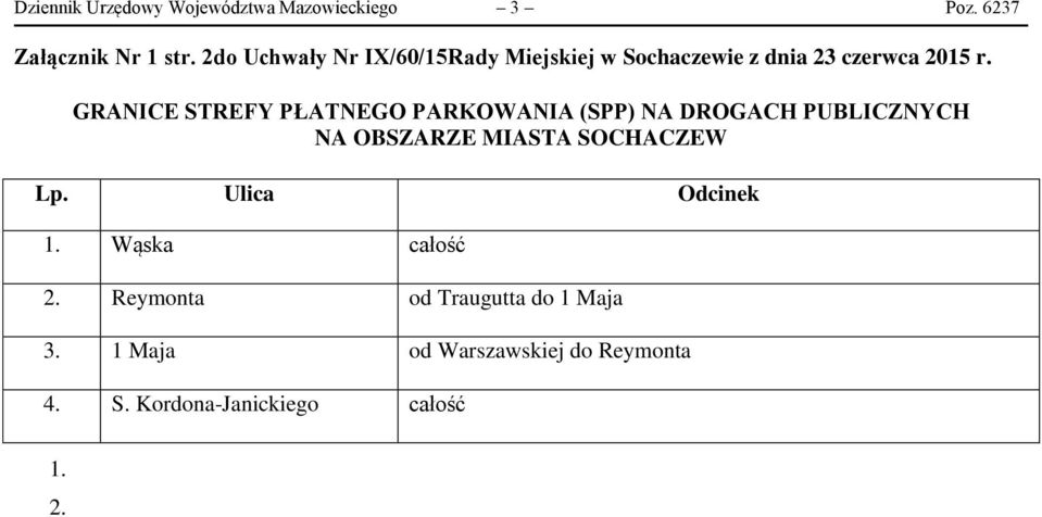 (SPP) NA DROGACH PUBLICZNYCH NA OBSZARZE MIASTA SOCHACZEW Lp. Ulica Odcinek 1.