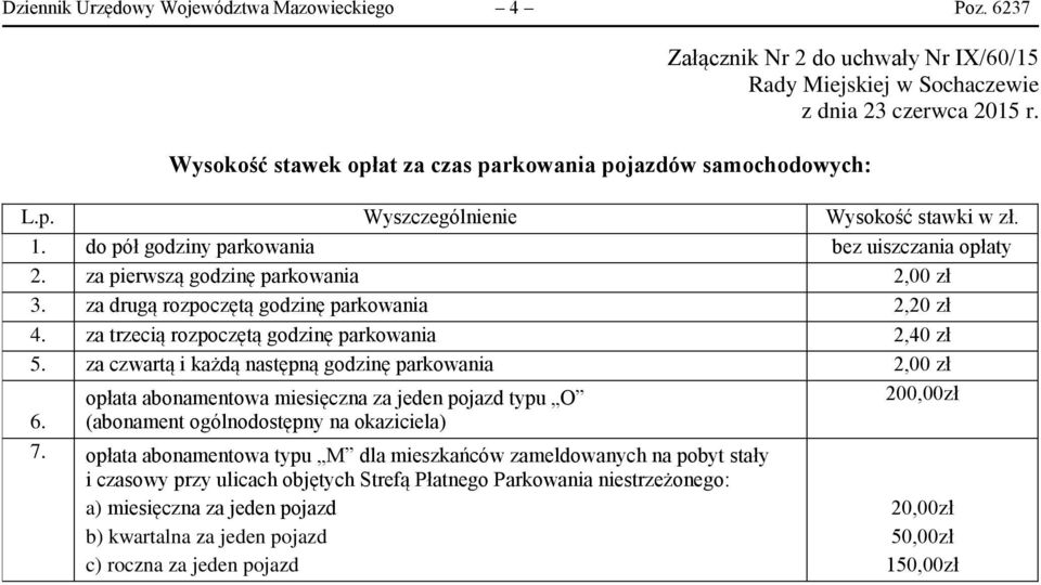 za czwartą i każdą następną godzinę parkowania 2,00 zł opłata abonamentowa miesięczna za jeden pojazd typu O 6. (abonament ogólnodostępny na okaziciela) 7.