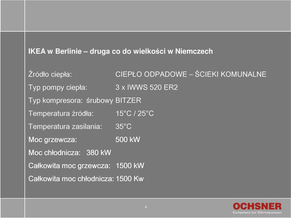 Temperatura źródła: 15 C / 25 C Temperatura zasilania: 35 C Moc grzewcza: 500 kw