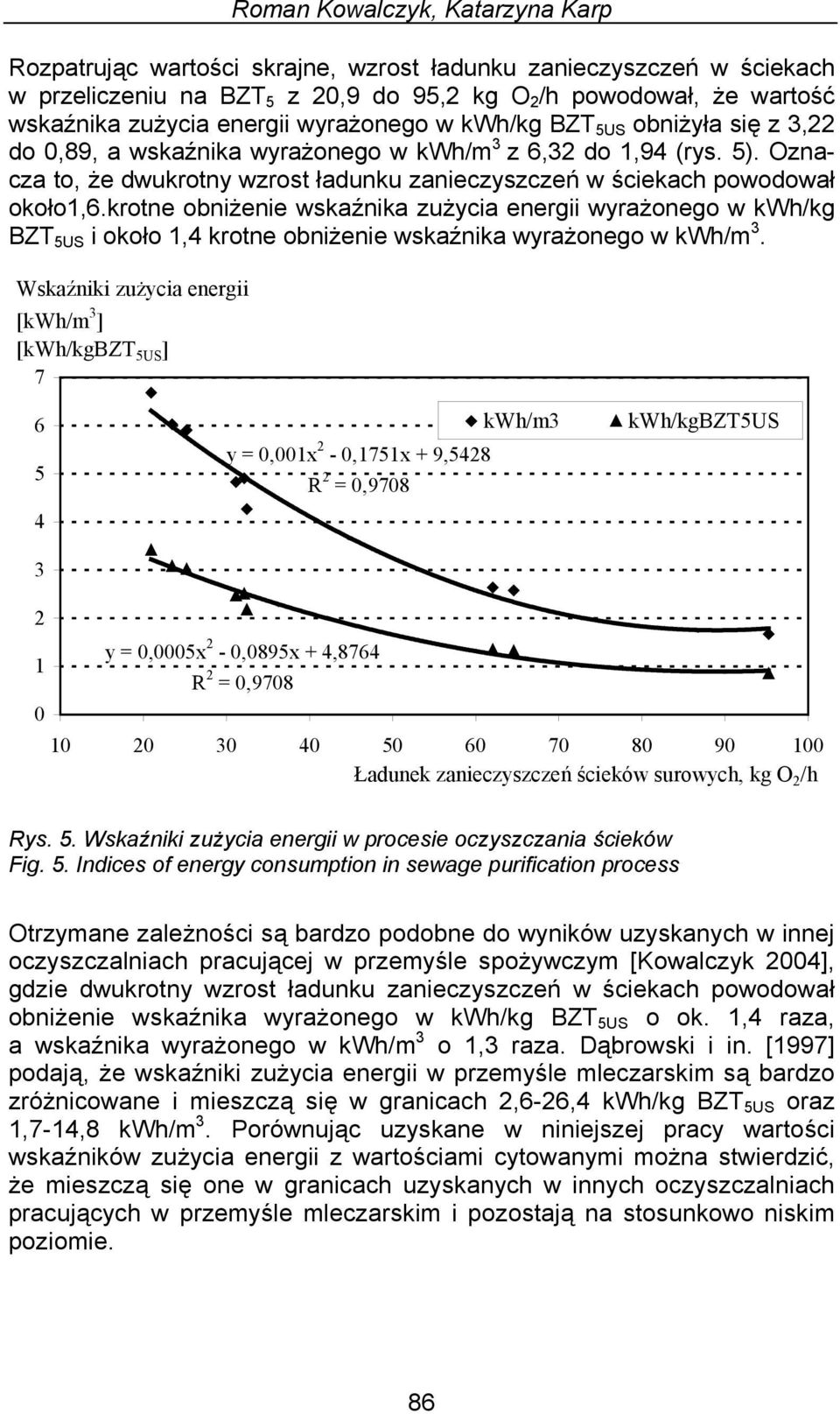 krotne obniżenie wskaźnika zużycia energii wyrażonego w kwh/kg BZT 5US i około 1,4 krotne obniżenie wskaźnika wyrażonego w kwh/m 3.