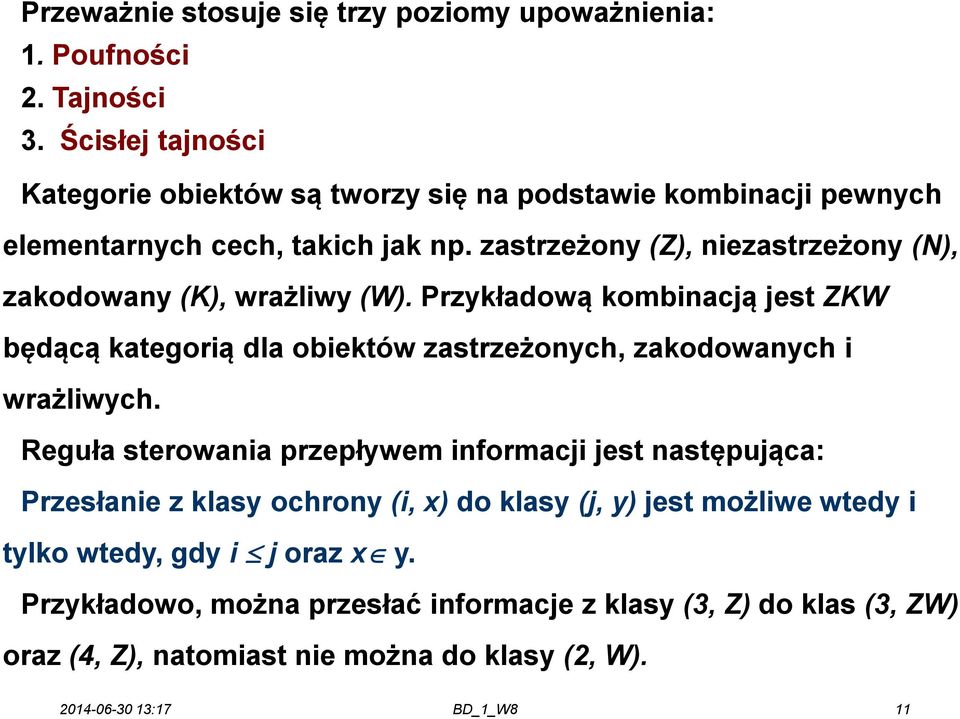 zastrzeżony (Z), niezastrzeżony (N), zakodowany (K), wrażliwy (W).