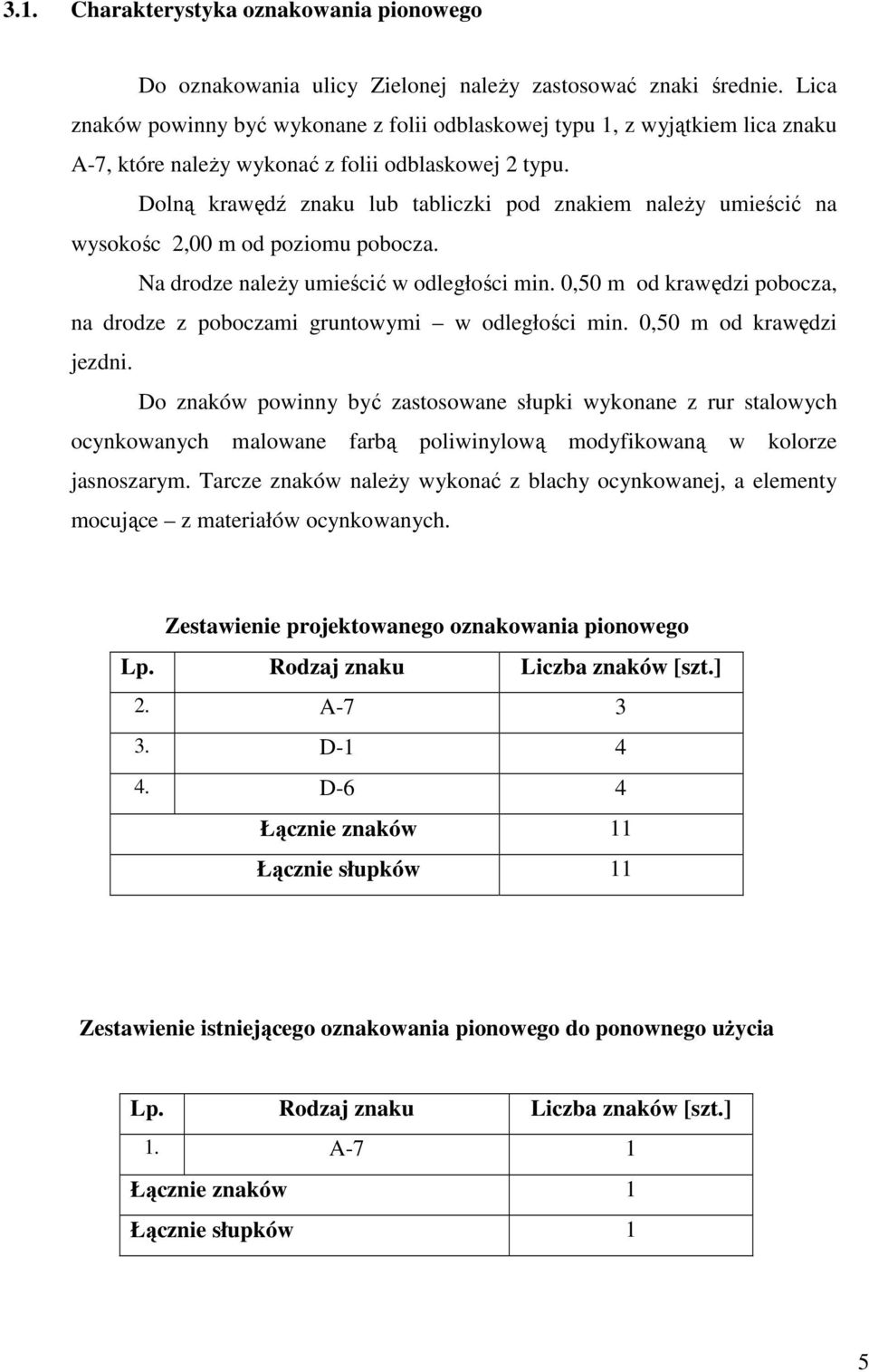 Dolną krawędź znaku lub tabliczki pod znakiem naleŝy umieścić na wysokośc 2,00 m od poziomu pobocza. Na drodze naleŝy umieścić w odległości min.