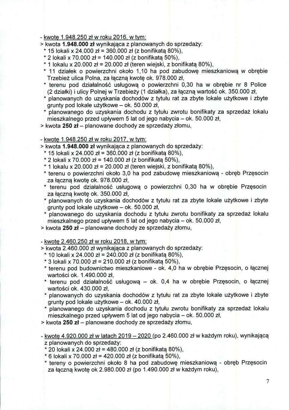 000 zł (teren wiejski, z bonifikatą 80%), * 11 działek o powierzchni około 1,10 ha pod zabudowę mieszkaniową w obrębie Trzebież ulica Polna, za łączną kwotę ok. 978.