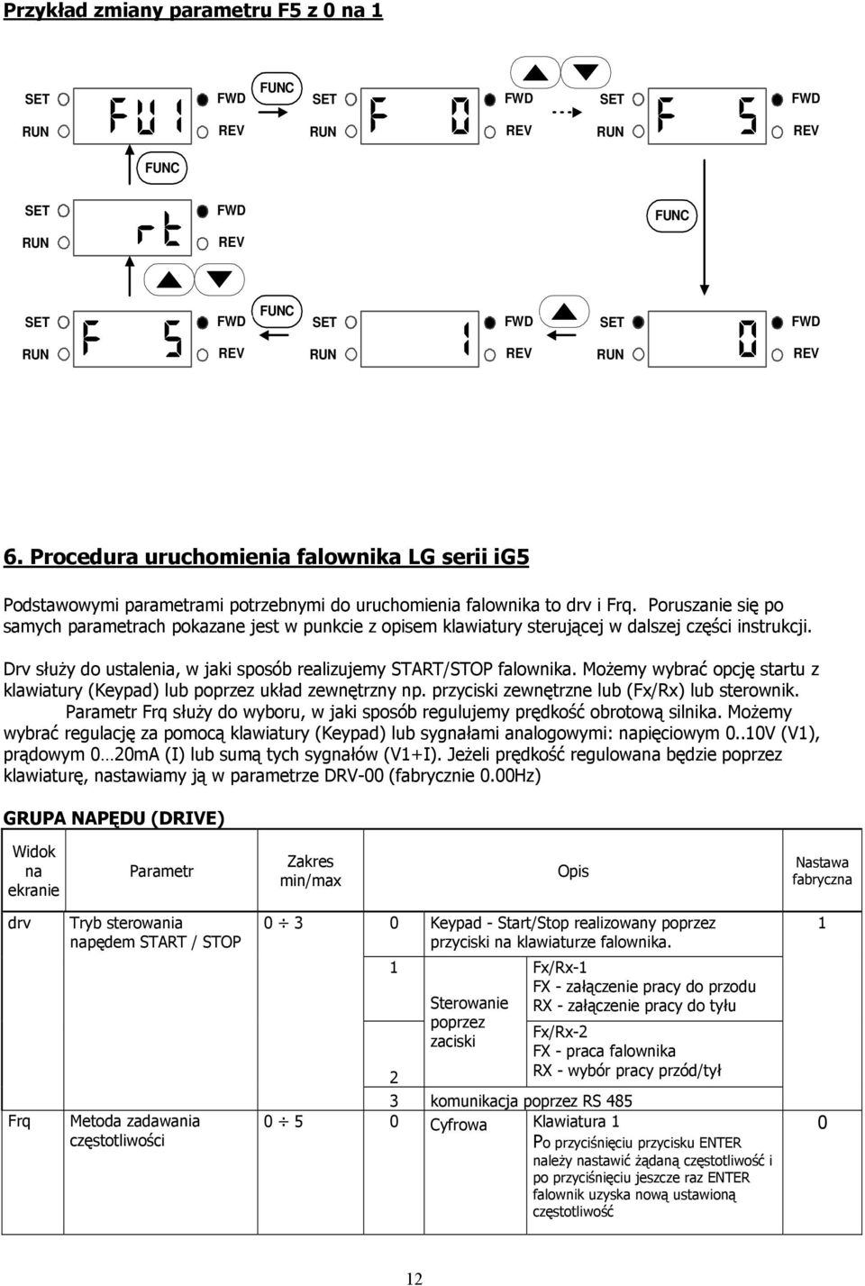 Poruszanie się po samych parametrach pokazane jest w punkcie z opisem klawiatury sterującej w dalszej części instrukcji. Drv służy do ustalenia, w jaki sposób realizujemy START/STOP falownika.