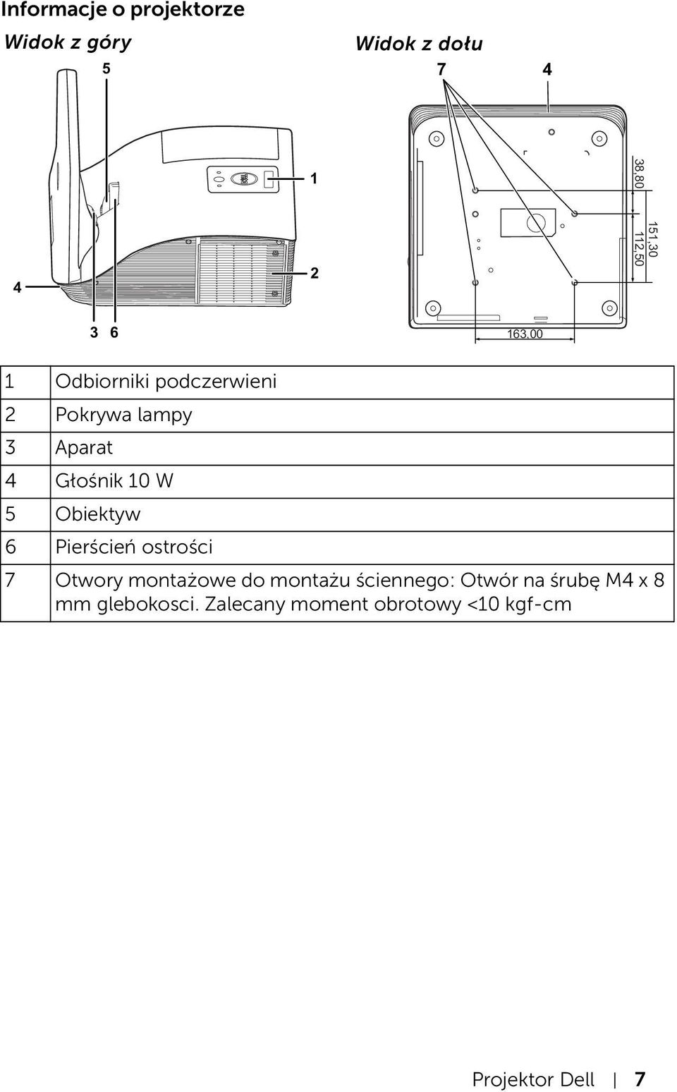 10 W 5 Obiektyw 6 Pierścień ostrości 7 Otwory montażowe do montażu ściennego: