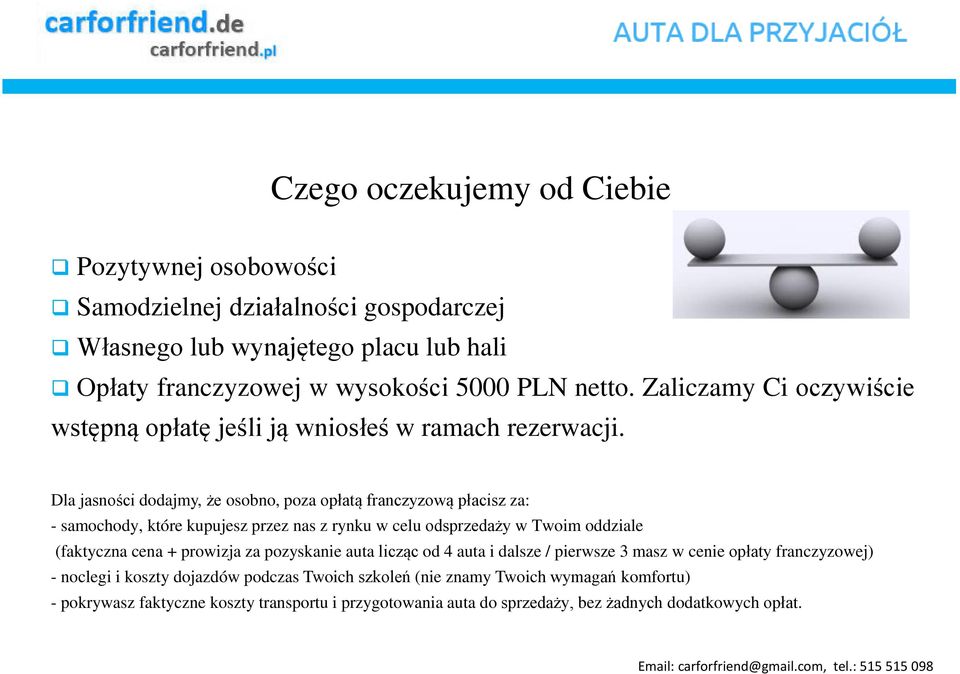 Dla jasności dodajmy, że osobno, poza opłatą franczyzową płacisz za: - samochody, które kupujesz przez nas z rynku w celu odsprzedaży w Twoim oddziale (faktyczna cena + prowizja