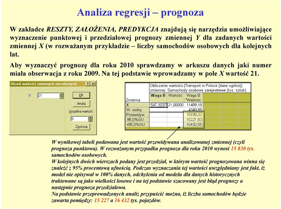 Na tej podstawie wprowadzamy w pole X wartość 21. W wynikowej tabeli podawana jest wartość przewidywana analizowanej zmiennej (czyli prognoza punktowa).