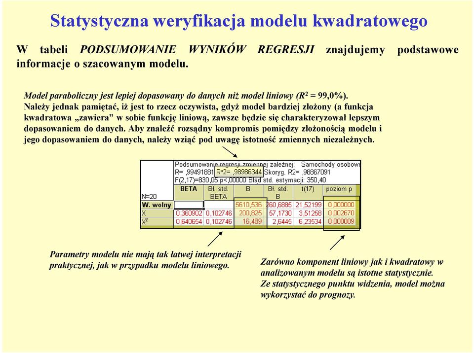 Należy jednak pamiętać, iż jest to rzecz oczywista, gdyż model bardziej złożony (a funkcja kwadratowa zawiera w sobie funkcję liniową, zawsze będzie się charakteryzował lepszym dopasowaniem do danych.