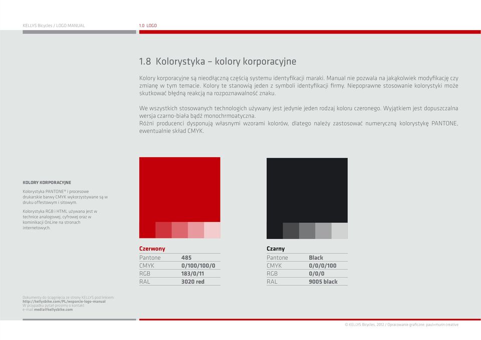 We wszystkich stosowanych technologich używany jest jedynie jeden rodzaj koloru czeronego. Wyjątkiem jest dopuszczalna wersja czarno-biała bądź monochrmoatyczna.