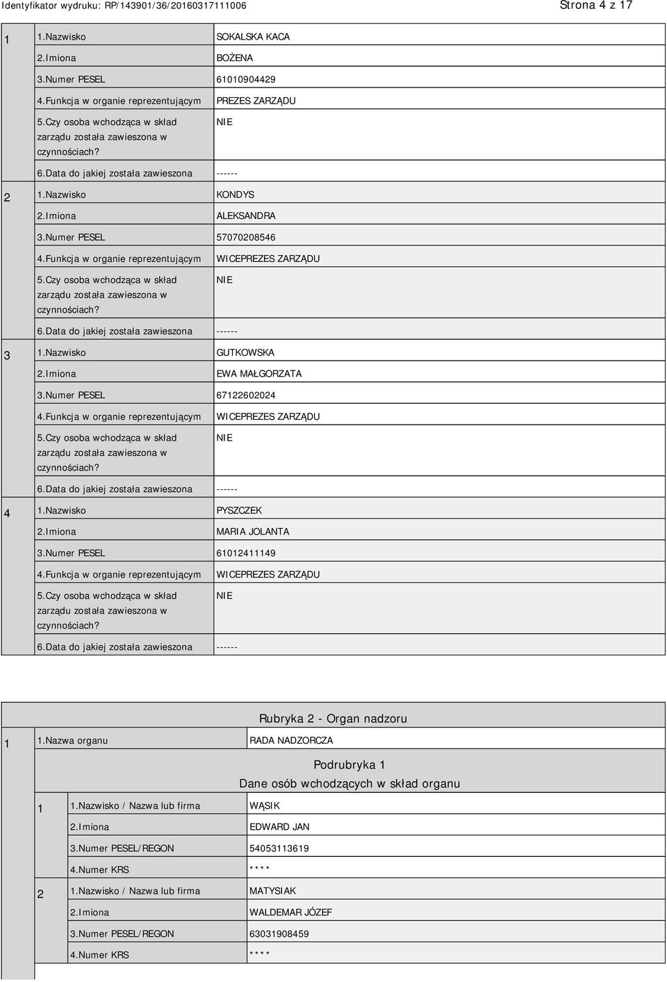 Czy osoba wchodząca w skład zarządu została zawieszona w czynnościach? WICEPREZES ZARZĄDU NIE 6.Data do jakiej została zawieszona ------ 3 1.Nazwisko GUTKOWSKA EWA MAŁGORZATA 3.