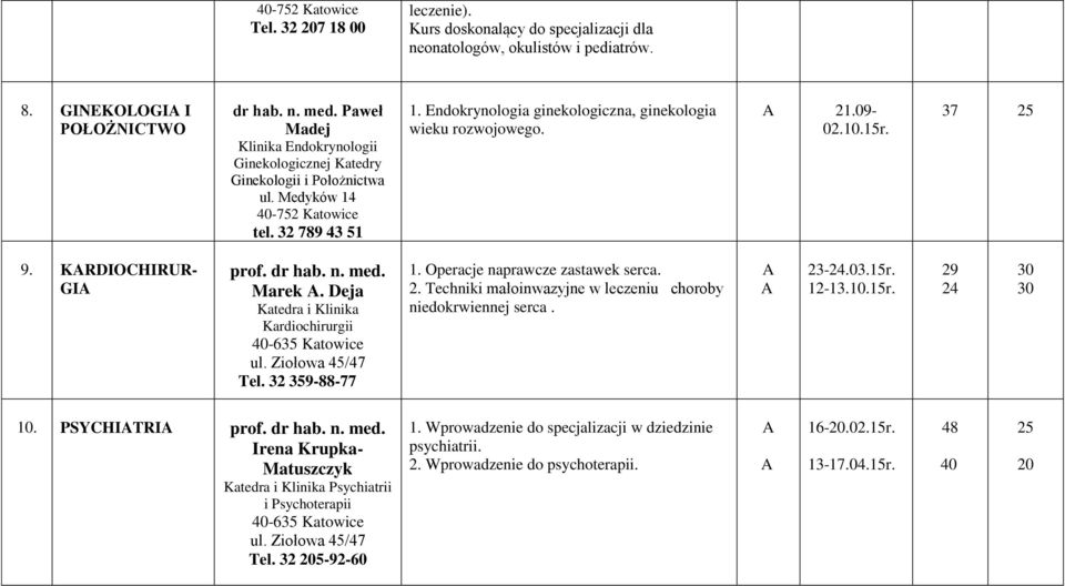 09-02..r. 37 9. KRDIOCHIRUR- GI Marek. Deja Kardiochirurgii -35 Katowice Tel. 32 359--77 1. Operacje naprawcze zastawek serca. 2. Techniki małoinwazyjne w leczeniu choroby niedokrwiennej serca.