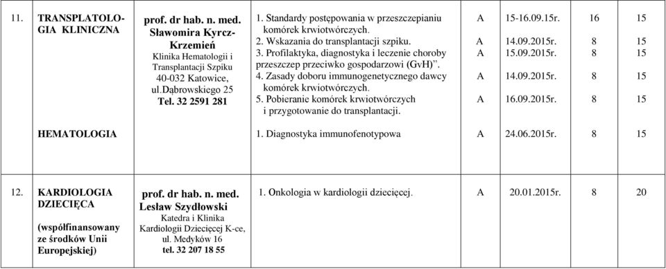 Profilaktyka, diagnostyka i leczenie choroby przeszczep przeciwko gospodarzowi (GvH). 4. Zasady doboru immunogenetycznego dawcy komórek krwiotwórczych. 5.