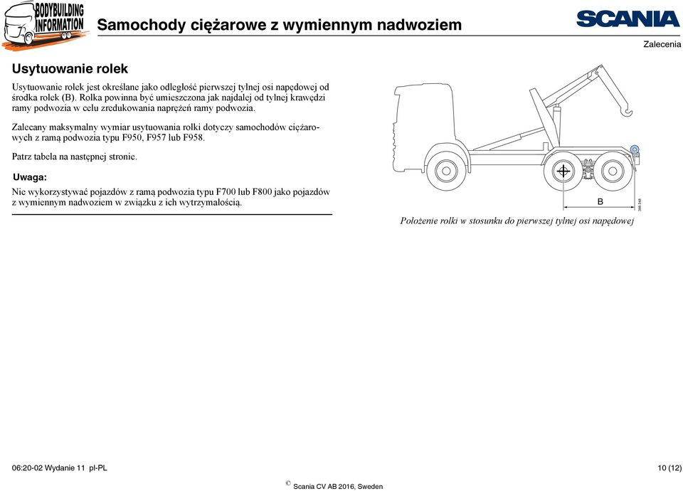 Zalecany maksymalny wymiar usytuowania rolki dotyczy samochodów ciężarowych z ramą podwozia typu F950, F957 lub F958. Patrz tabela na następnej stronie.