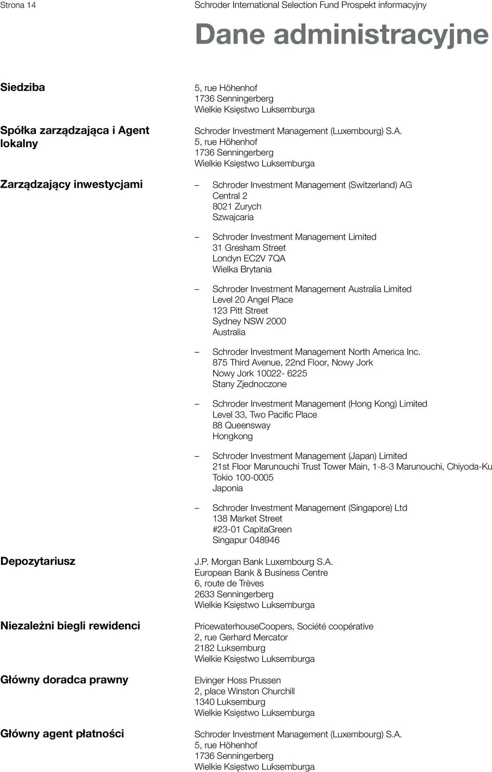 5, rue Höhenhof 1736 Senningerberg Wielkie Księstwo Luksemburga Schroder Investment Management (Switzerland) AG Central 2 8021 Zurych Szwajcaria Schroder Investment Management Limited 31 Gresham